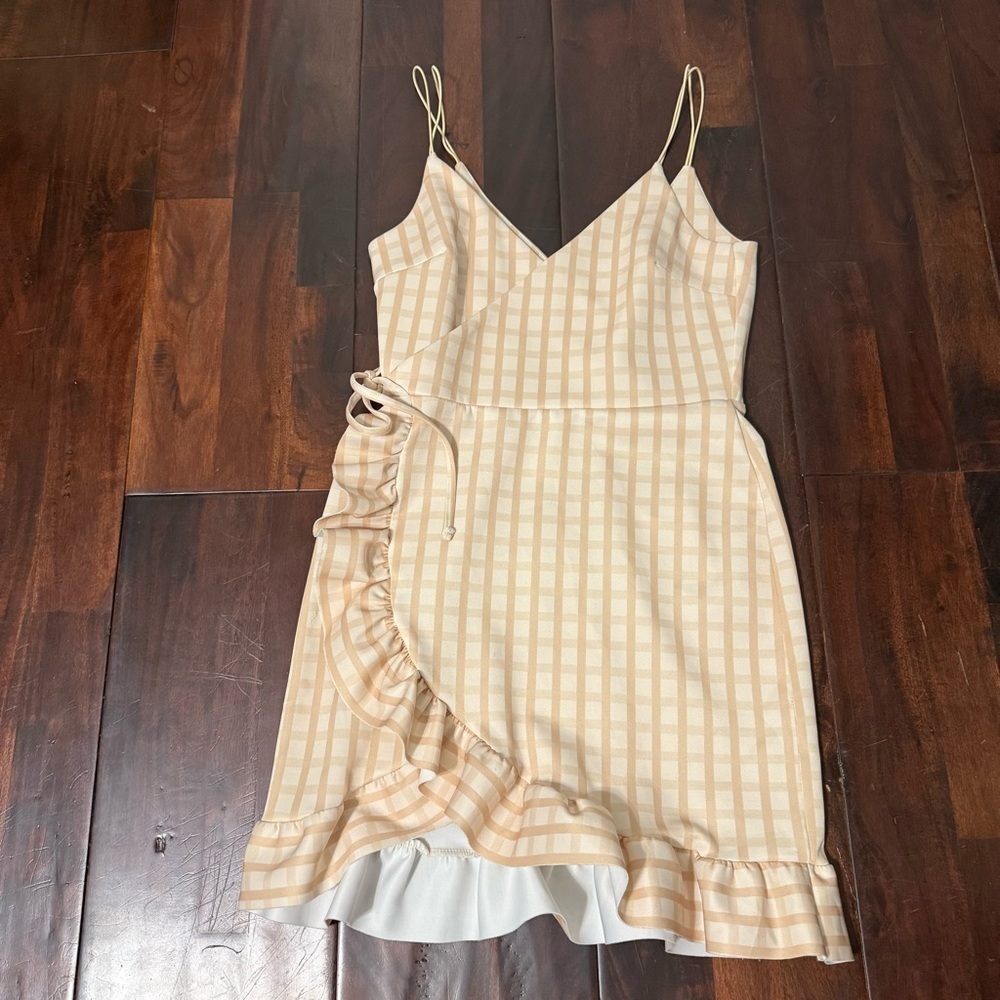 ASOS Cami Wrap Mini Dress Women’s Size 6 Tan Cream Frill Hem